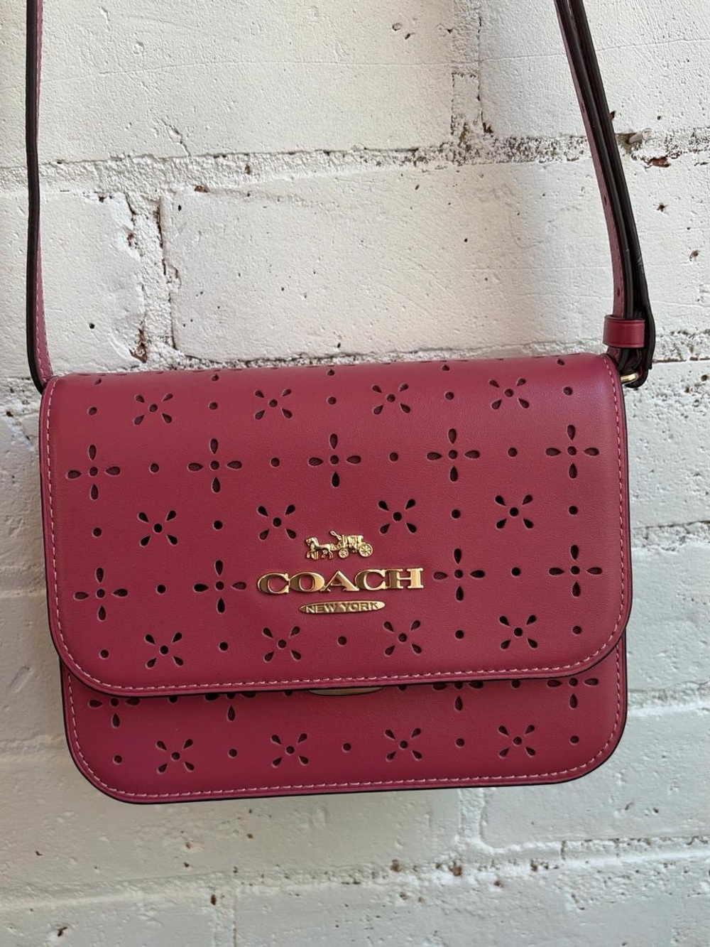 Coach Perforated Floral Leather Crossbody in Berry Red